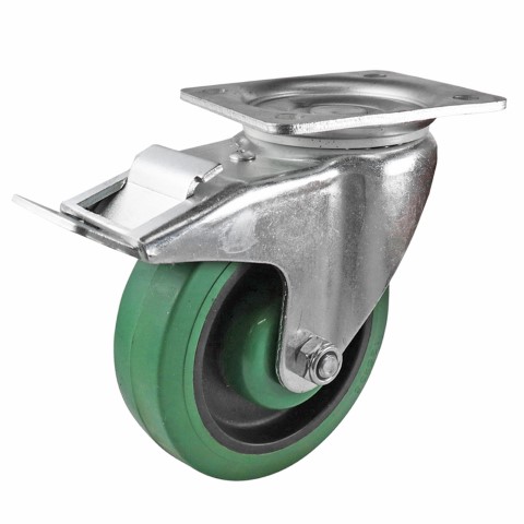 EASYROLL GREEN RUBBER SWIVEL PLATE BRAKE CASTOR 125MM 